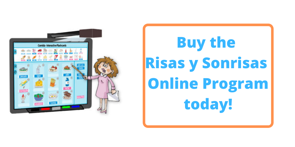 Teacher with Risas y Sonrisas Online Program and call to action text: Buy the Risas y Sonrisas Online Program Today!
