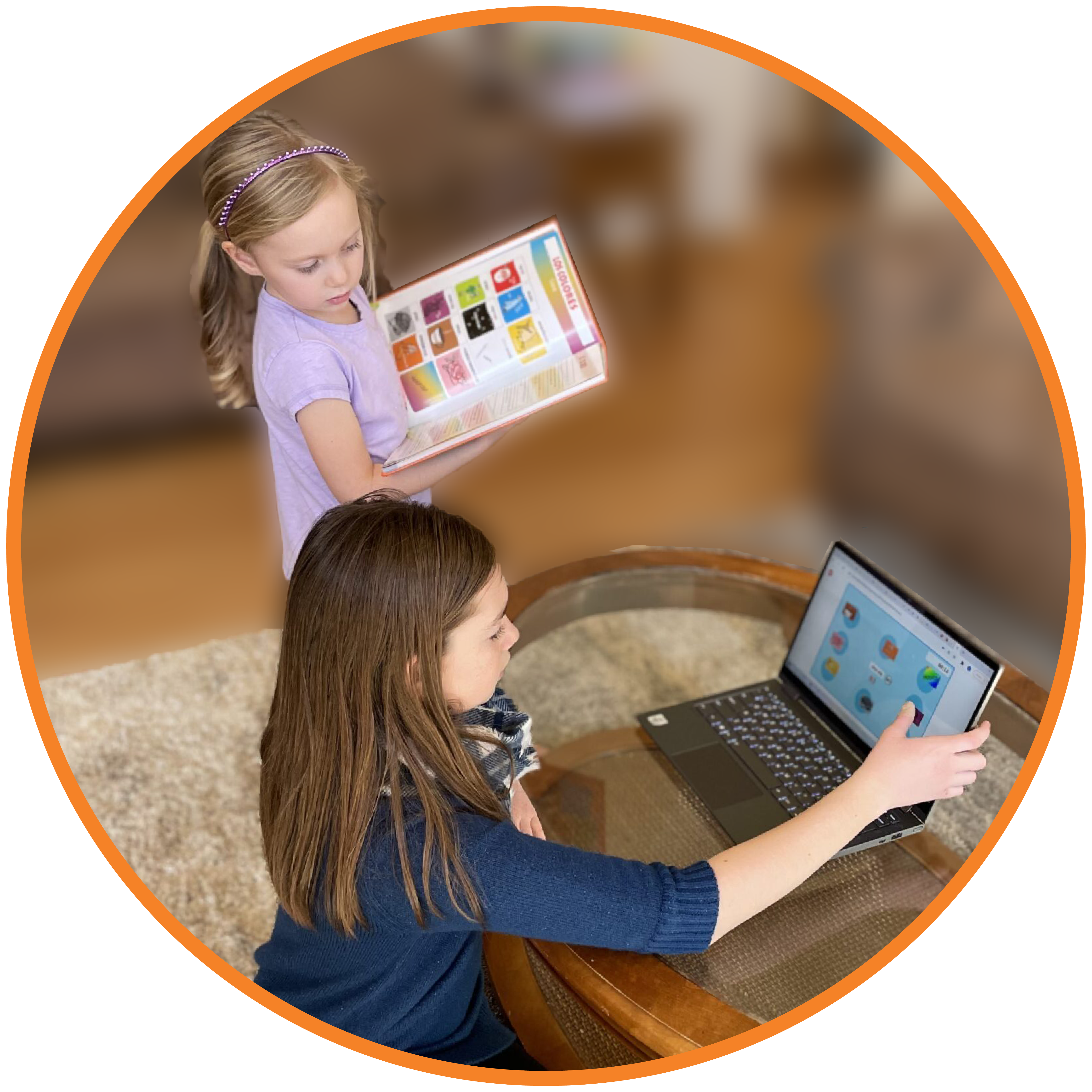 Kids using online program with Orange outline